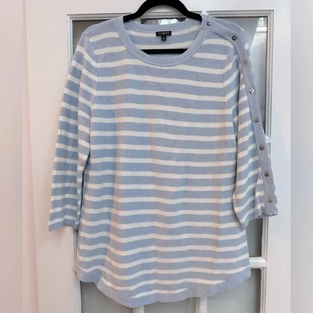 Talbots | Blue Striped Crew Neck Sweater Size Large L Petite Coastal Preppy